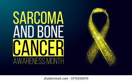 Sarcoma and bone cancer awareness month сoncept. Banner template with glowing low poly yellow ribbon. Wireframe modern abstract background. Vector illustration.