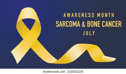 Sarcoma Bone Cancer Awareness Month banner concept is celebrated every July. Yellow ribbon on a blue background.