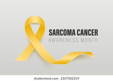 Sarcoma, Banner de cáncer de huesos, tarjeta, placa con cinta amarilla realista vectorial 3d sobre fondo gris. Cierre del Mes de Concienciación sobre el Cáncer de Sarcoma, julio. Concepto del Día Mundial del Cáncer de Hueso