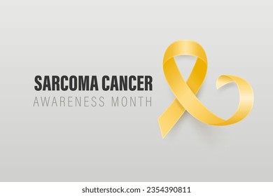 Sarcoma, Bone Cancer Banner, Card, Placard with Vector 3d Realistic Yellow Ribbon on Grey Background. Sarcoma Cancer Awareness Month Symbol Closeup, July. World Bone Cancer Day Concept