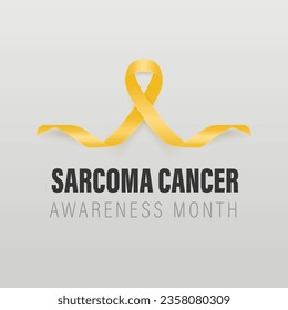 Sarcoma, Bone Cancer Banner, Card, Placard with Vector 3d Realistic Yellow Ribbon on Grey Background. Sarcoma Cancer Awareness Month Symbol Closeup, July. World Bone Cancer Day Concept