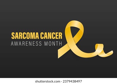 Sarcoma, Bone Cancer Banner, Card, Placard with Vector 3d Realistic Yellow Ribbon on Black Background. Sarcoma Cancer Awareness Month Symbol Closeup, July. World Bone Cancer Day Concept
