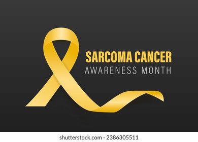 Sarcoma, Bone Cancer Banner, Card, Placard with Vector 3d Realistic Yellow Ribbon on Black Background. Sarcoma Cancer Awareness Month Symbol Closeup, July. World Bone Cancer Day Concept