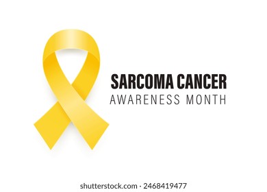 Sarcoma, Anuncio de cáncer de hueso, tarjeta, cartel con Vector 3d cinta amarilla realista sobre fondo blanco. Primer plano del símbolo del Mes de Concientización sobre el Cáncer de Sarcoma, julio. Concepto del Día Mundial del Cáncer de Huesos