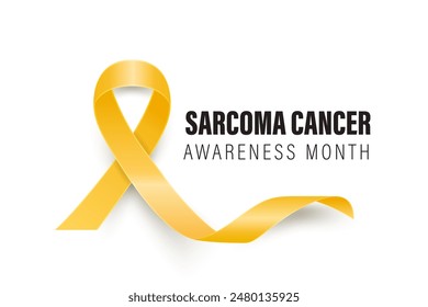 Sarcoma, Anuncio de cáncer de hueso, tarjeta, cartel con Vector 3d cinta amarilla realista sobre fondo blanco. Primer plano del símbolo del Mes de Concientización sobre el Cáncer de Sarcoma, julio. Concepto del Día Mundial del Cáncer de Huesos