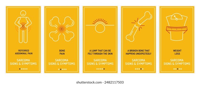 Sarcoma, bone cancer symptoms and signs. Osteosarcoma web banners with medical linear pictograms. Malignant bone tumor. Ewing sarcoma. Chondrosarcoma. Editable vector illustration. Vertical poster