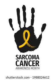 Sarcoma Cancer Awareness Month banner. Yellow ribbon and human hand print poster. Symbol of the fight against sarcoma cancer.