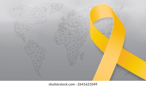 Sarcoma cancer awareness month сoncept.  Banner template with yellow ribbon and world map. Vector illustration.