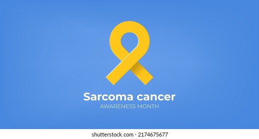 Sarcoma cancer awareness month concept horizontal banner design template with yellow ribbon and text isolated on blue background. July is Sarcoma cancer awareness month vector flyer or poster