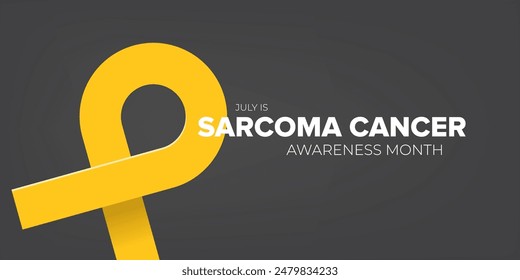 Sarcoma cancer awareness month concept horizontal banner design template with yellow ribbon and text isolated on grey background. July is Sarcoma cancer awareness month vector flyer or poster