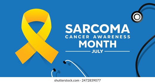 Sarcoma Cancer Awareness Month. Gold ribbon and stethoscope. Great for cards, banners, posters, social media and more. Blue background.