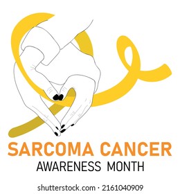 Sarcoma Cancer Awareness Month poster. Vector cartoon illustration of  hands with a heart shape holding a ribbon.