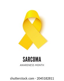Sarcoma cancer awareness ribbon vector illustration isolated on white background. Realistic vector yellow silk ribbon with loop