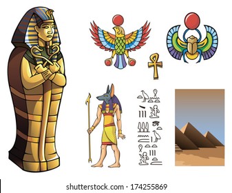 Sarcophagus of Egyptian pharaoh and other elements for design of ancient Egypt, vector illustration