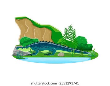 Sarcosuchus prähistorischen Dinosaurier Cartoon Charakter. Isolierte, vektor-ausgestorbene Gattung der Riesenkrocodyliform. Karnivore Dino lebte in der frühen Kreidezeit stehend prähistorische Naturlandschaft