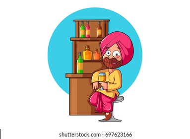 Sardar Ji sitting at the bar and having a drink. Vector Illustration. Isolated on white background.