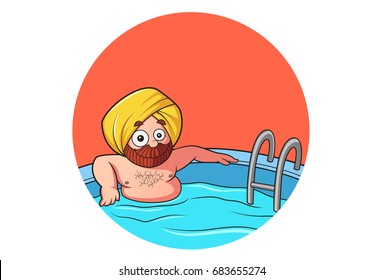 Sardar Ji in swimming pool. vector illustration. Isolated on white background.