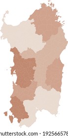 Mapa de Sardegna, división por provincias y municipios. polígonos cerrados y perfectamente editables, relleno de polígono y trazados de color editables a voluntad. Niveles. Mapa geográfico político. Italia