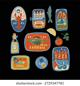 Sardina isolated vector pattern with vintage seafood cans fish oil lemons retro illustration.