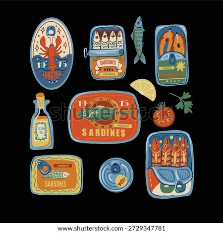 Sardina isolated vector pattern with vintage seafood cans fish oil lemons retro illustration.