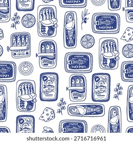 Sardina padrão vetor sem emenda com vintage sardinha latas desenhado à mão ilustração náutica.