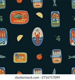Sardina nahtloses Vektormuster mit Vintage-Fischdosen Fischöl Zitronen Retro-Illustration.