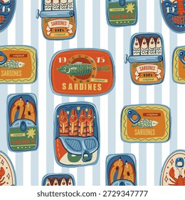 Sardina seamless vector pattern with vintage seafood cans fish oil lemons retro illustration.