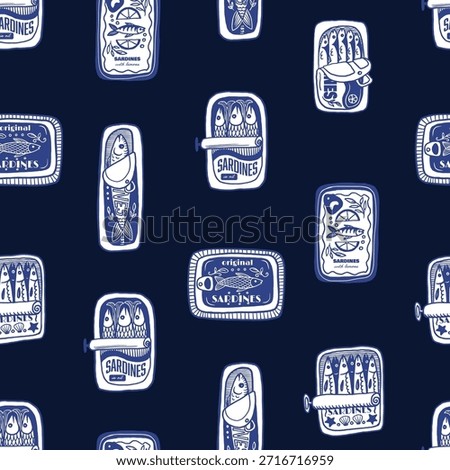 Sardina seamless vector pattern with vintage sardine cans hand drawn nautical illustration.