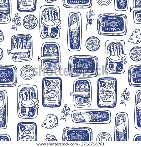 Sardina seamless vector pattern with vintage sardine cans hand drawn nautical illustration.