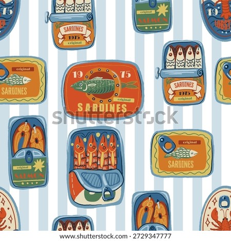 Sardina seamless vector pattern with vintage seafood cans fish oil lemons retro illustration.