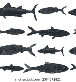 Sardine and anchovy fish vector seamless pattern. Black and white hand drawn engraving of small sea fish on repeating background. Design for packaging, textile prints, wrap, nautical themed designs.