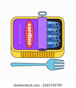 Sardine can with fork in cartoon playful character illustration vector design