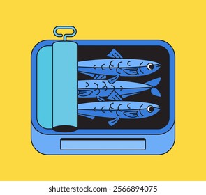 Sardine can with three blue fish sardine cartoon vector retro hand drawn illustration