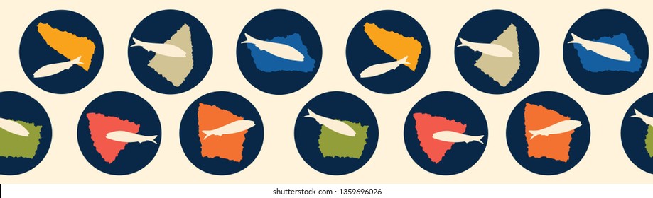 Sardine circle seamless vector border pattern of grilled fishes. Lisbon St Antonio traditional portugese food festival. June Portugal street party icon . Atlantic ocean animal ribbon, fishing banner.
