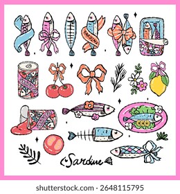 sardine and coquette bow elements isolated on white background. Vector illustration