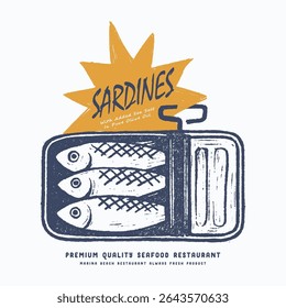 Sardine fish artwork, women's color hand-drawn t-shirt print. Seafood t-shirt design. Sardines love club. Canned fish artwork. Fish vintage artwork. Girls' Summer Graphic Design