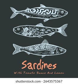 Sardine fish artwork, women's color hand-drawn t-shirt print. Seafood t-shirt design. Sardines love club. Canned fish artwork. Fish vintage artwork. Girls' Summer Graphic Design