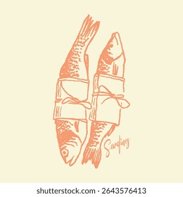 Sardine fish artwork, women's color hand-drawn t-shirt print. Seafood t-shirt design. Sardines love club. Canned fish artwork. Fish vintage artwork. Girls' Summer Graphic Design