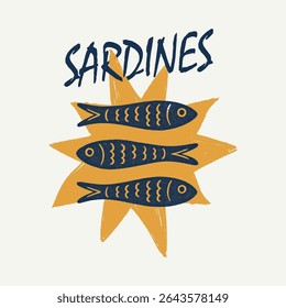 Sardine fish artwork, women's color hand-drawn t-shirt print. Seafood t-shirt design. Sardines love club. Canned fish artwork. Fish vintage artwork. Girls' Summer Graphic Design
