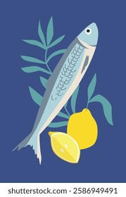 Sardine fish with rosemary and lemon. Vector illustration for retro poster or wall art. Vintage seafood design.