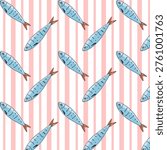 Sardine Fish Seamless Pattern with Blue Fish on Striped Pink Background. Hand drawn vector Illustrations
