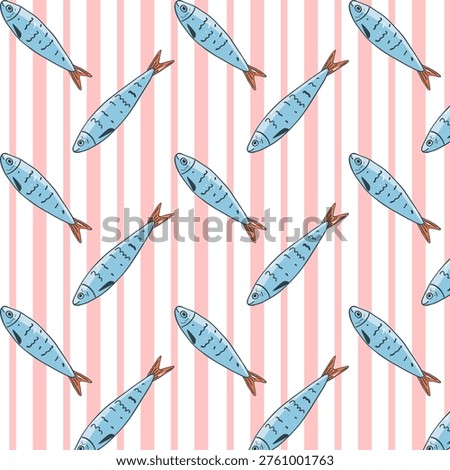 Sardine Fish Seamless Pattern with Blue Fish on Striped Pink Background. Hand drawn vector Illustrations
