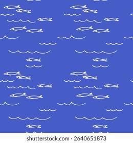 Sardine Fish seamless repeating blue pattern. Background with marine underwater motif summer rapport. Hand-drawn ornament with graphic pilchard, sea fishing. Vector illustration for textile, card
