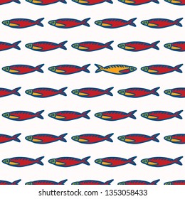 Sardine fish stripes seamless vector pattern of grilled fishes. Lisbon St Antonio traditional portugese food festival. June Portugal party. Fishing stream concept odd one out, swimming against tide.