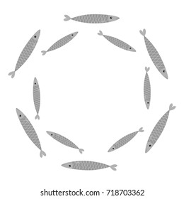 Sardine gray fish set. Iwashi. Sardina pilchardus school. Cute cartoon character. Anchovy pilchard. Round circle frame. Water animal Marine life. Flat design. White background. Isolated. Vector