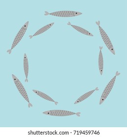 Sardine gray fish set. Iwashi. Sardina pilchardus school. Cute cartoon character. Anchovy pilchard. Round circle frame. Water animal Marine life. Flat design. Blue background. Isolated. Vector