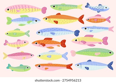 Sardine hand drawn fish set with quirky line detail, varied pattern, and playful marine motif arranged in rows. School of small seafood icons conveys diversity, harmony, and ocean life rhythm. Vector illustration