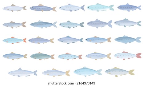 Sardine icons set cartoon vector. Can fish. Oil snack