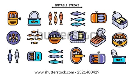 Sardine icons set, color vector. Portugal food icons. Editable stroke. Vector Portuguese national food, seafood product packaging. Canned anchovy in oil, iwashi conserve. Herring in metal package