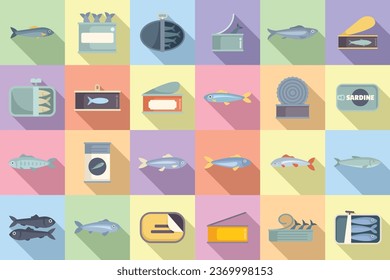 Sardinische Symbole setzen flache Vektorgrafik. Fischöl. Dosen-Zinn